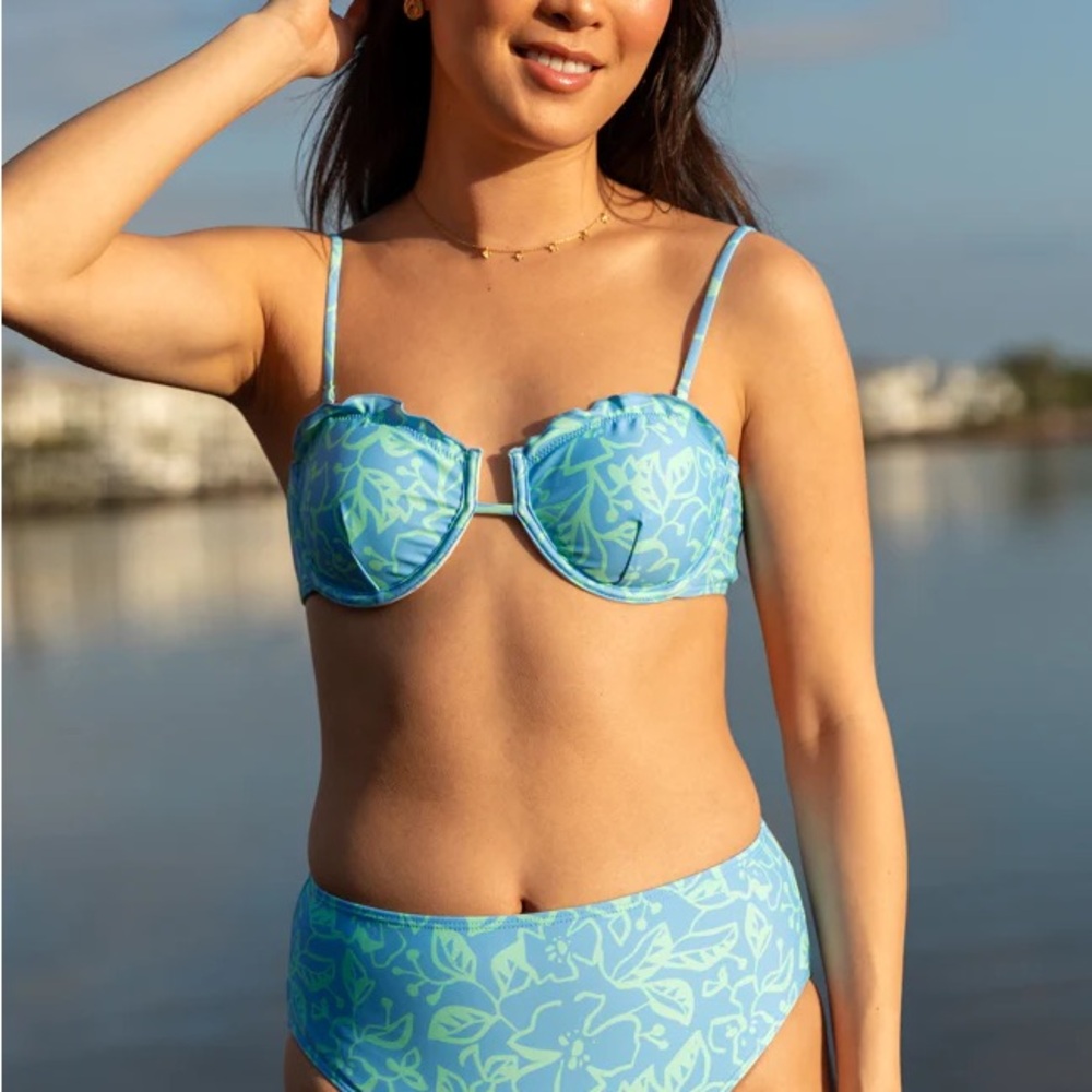 Pink Lily Light Blue and Green Floral Bikini
